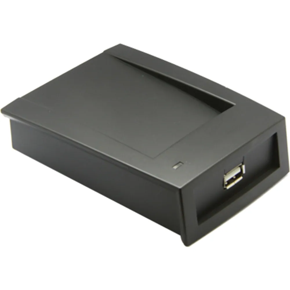 Compact black USB RFID card reader, angled view showing USB port and status LED