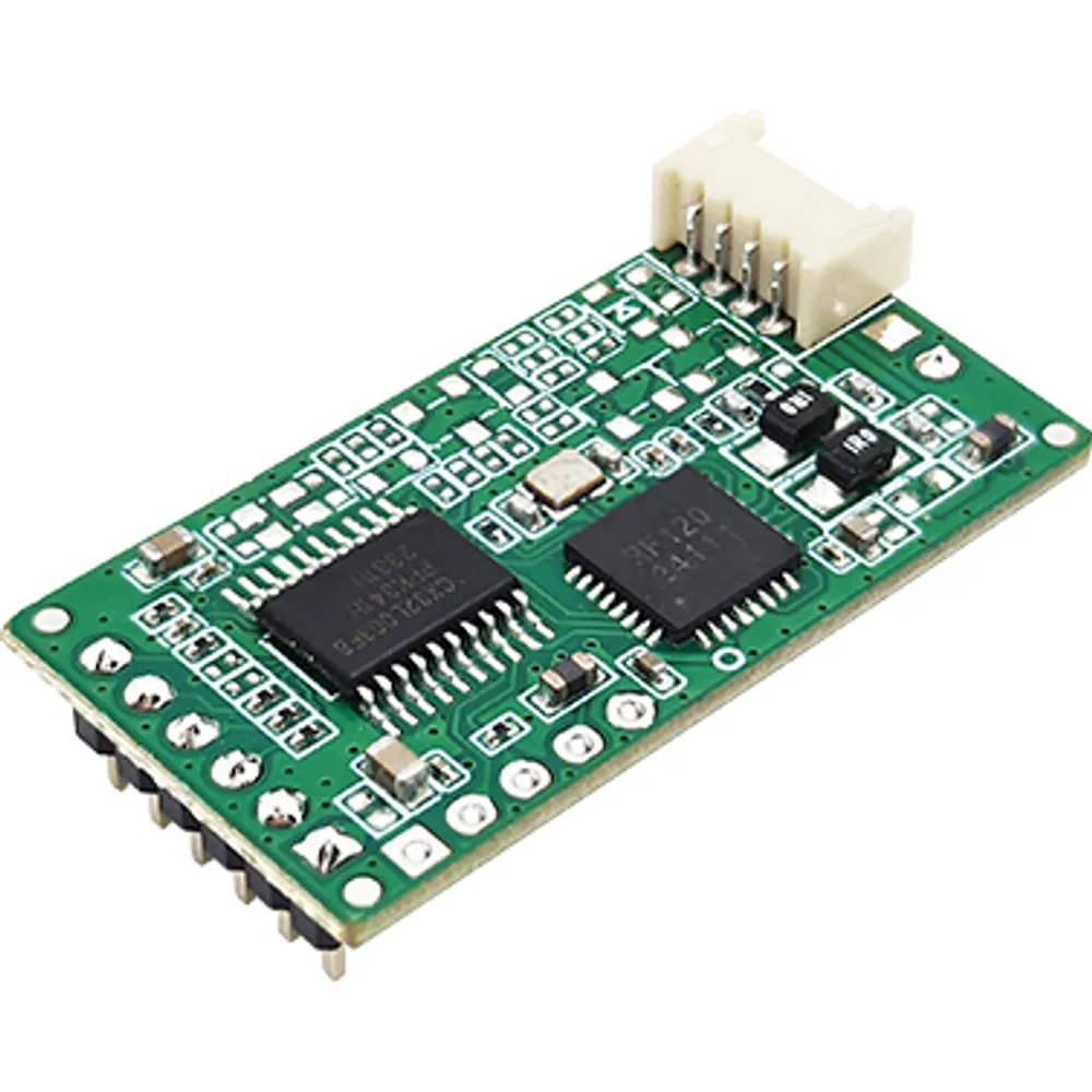30 × 16 mm 13.56 MHz NFC reader module with pin header and white 4-pin antenna connector, angled view
