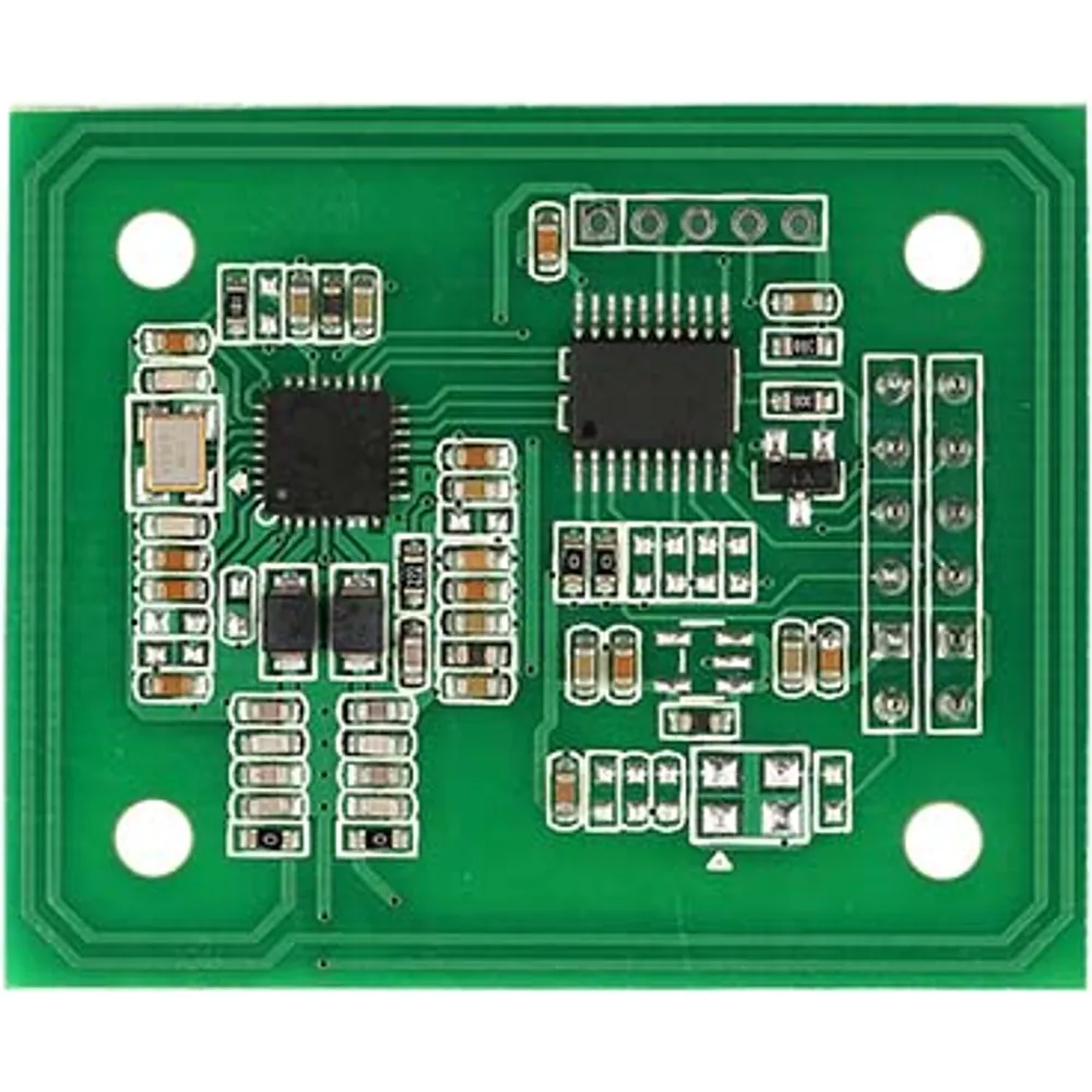 43.5 × 35.5 mm 13.56 MHz RFID module, top view with antenna trace around the board edge and pin header