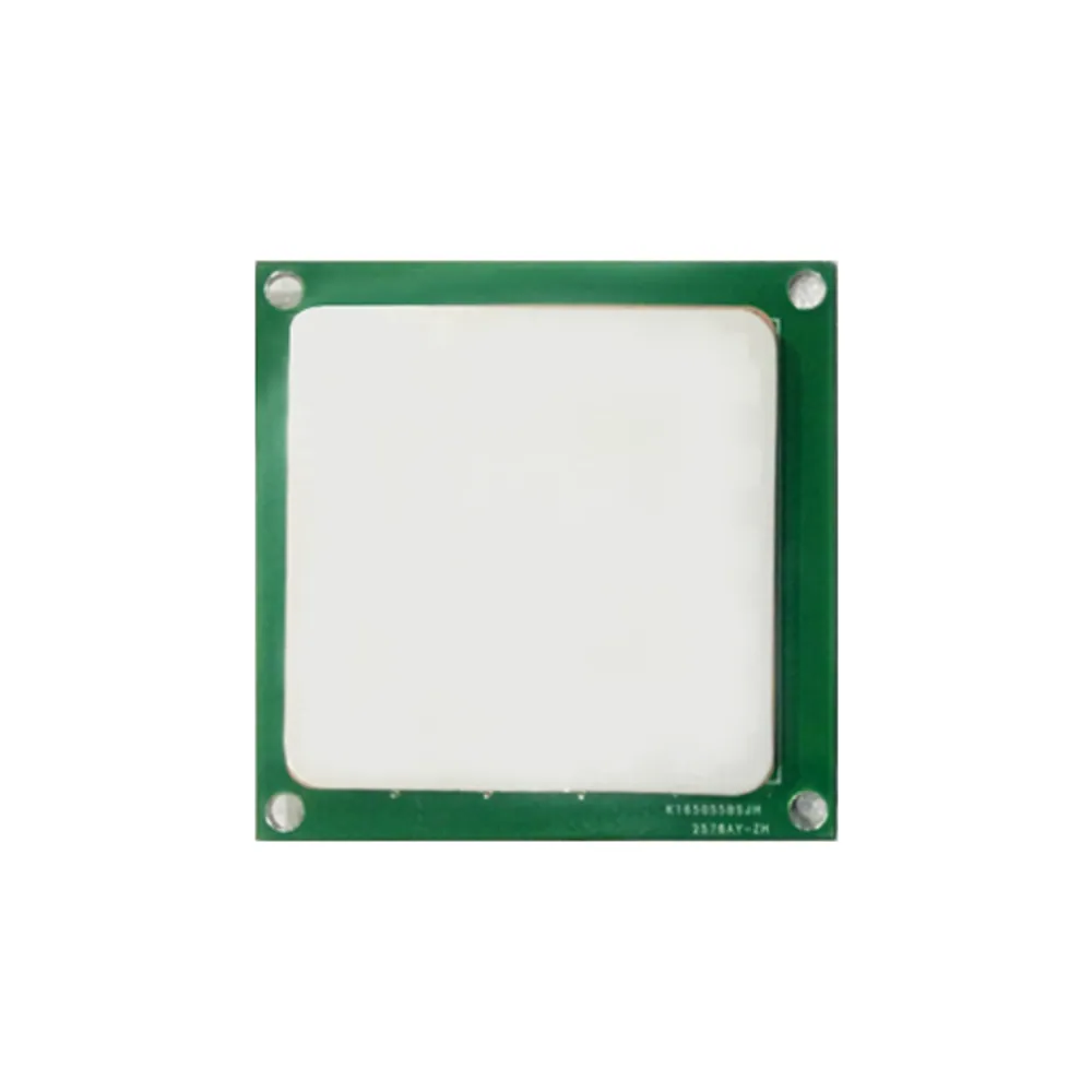 50 x 50 mm ceramic UHF RFID patch antenna on green PCB ground plane with corner mounting holes