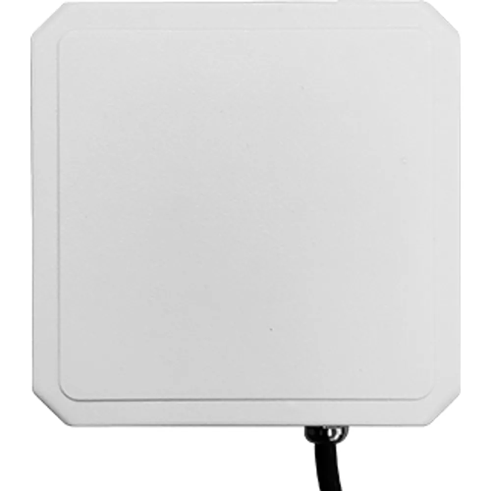 Compact 128 mm white UHF RFID reader, front view with pigtail cable