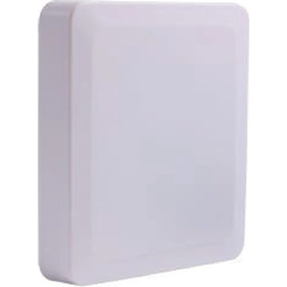 Compact white 6 dBi UHF RFID antenna with IP67 ABS radome, angled front view