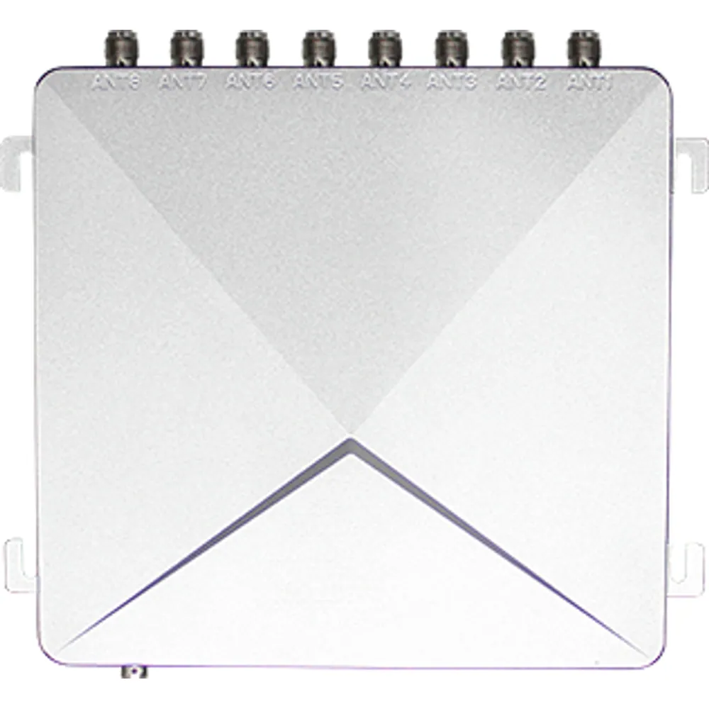 8-port fixed UHF RFID reader, top view with eight antenna connectors along one edge