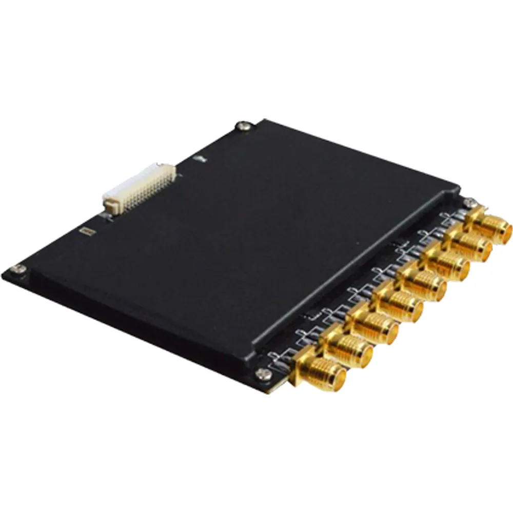 8-port UHF RFID reader module, angled view of eight gold antenna connectors and host header