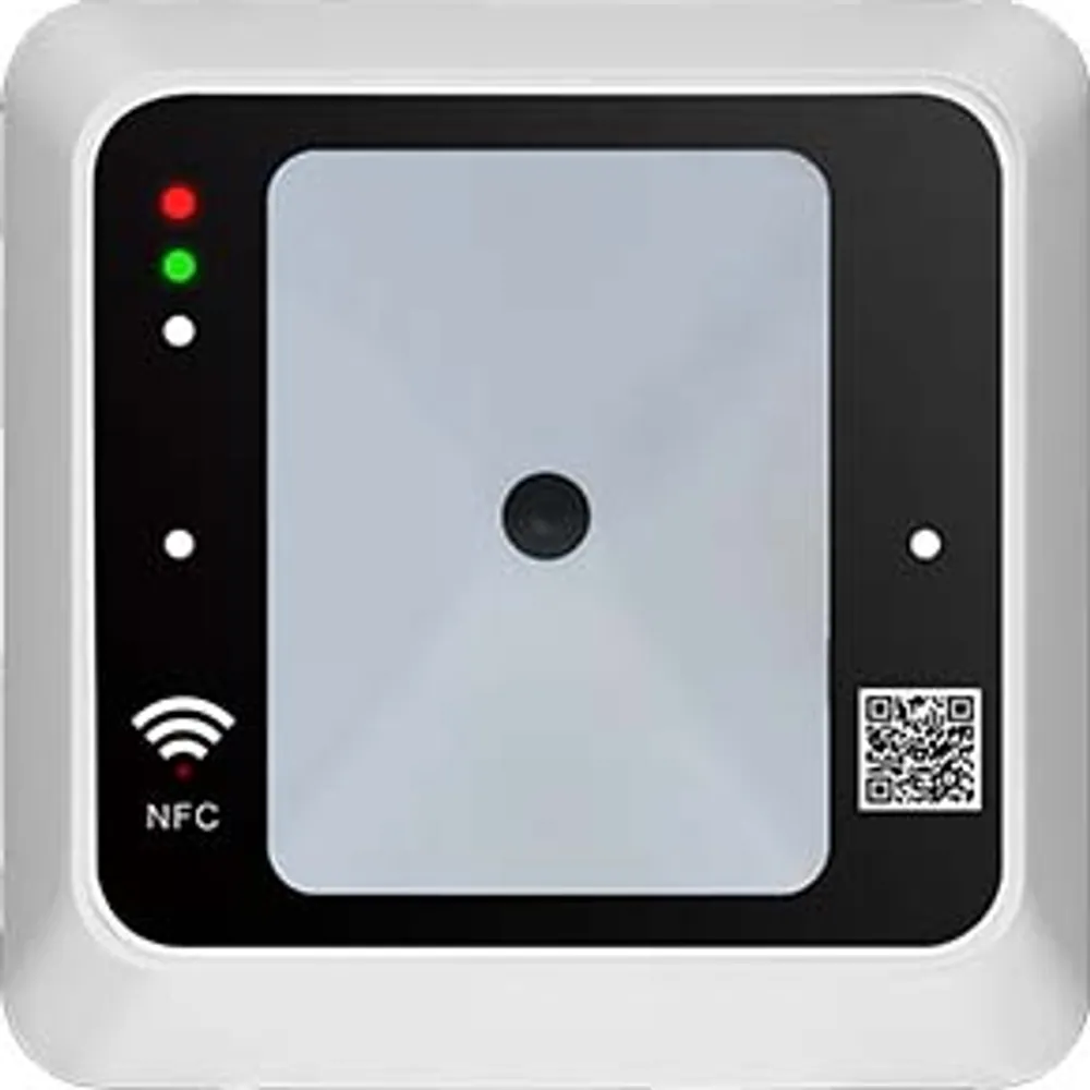 Front of 86 mm QR code access controller with white frame, scan window and status LEDs