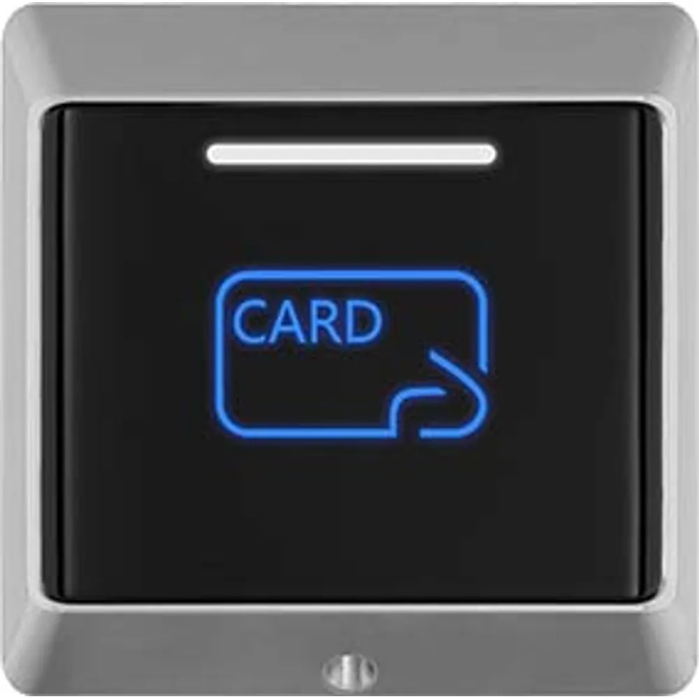 Card-only encrypted 13.56 MHz access reader with card symbol and silver square frame, front view