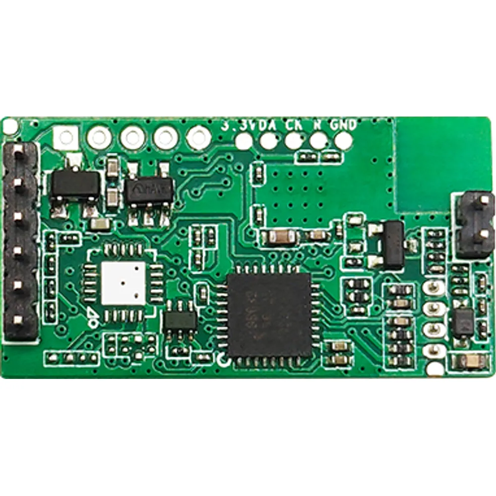 Top view of BLE 5.1 dual-frequency RFID module with pin headers at both ends