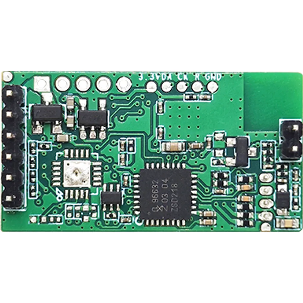 Top view of BLE 5.1 dual-frequency RFID module with 6-pin header and 2-pin fixing header