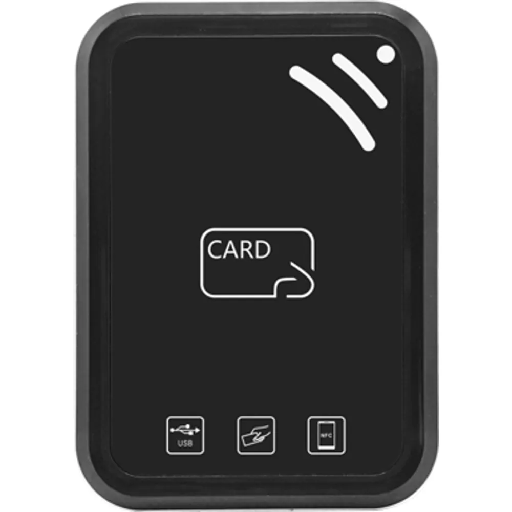Black USB desktop UHF RFID reader/writer, top view with card symbol and status icons