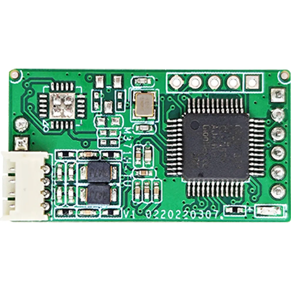 Top view of dual-frequency EM and MIFARE reader module with 4-pin antenna connector