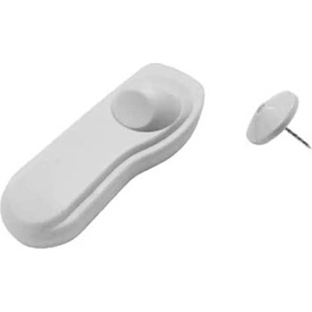 White ABS EAS and UHF RFID hard tag with hook lock, shown next to its separate pin tack