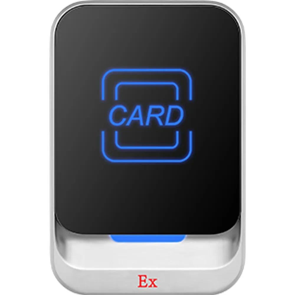 TP-110 RFID card reader with an Ex marking on its metal housing, front view