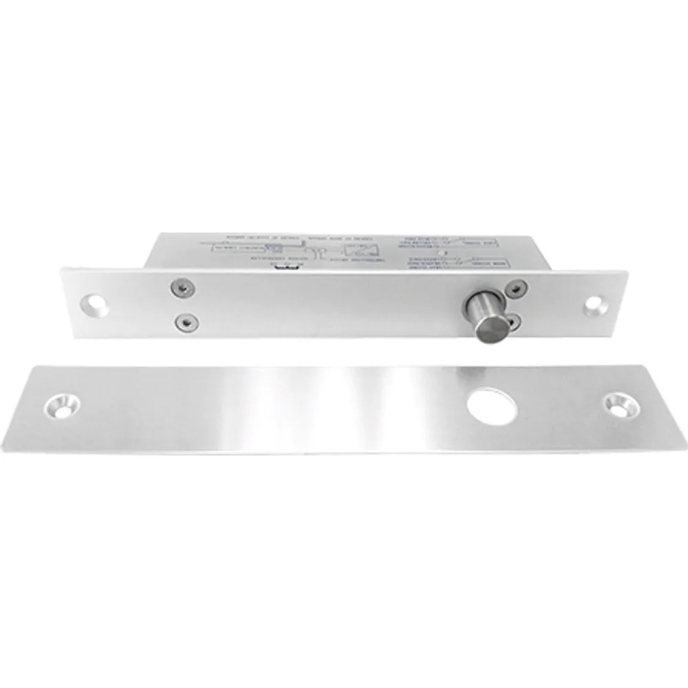 Fail-safe electric drop bolt lock with long aluminum faceplate and separate strike plate, front view