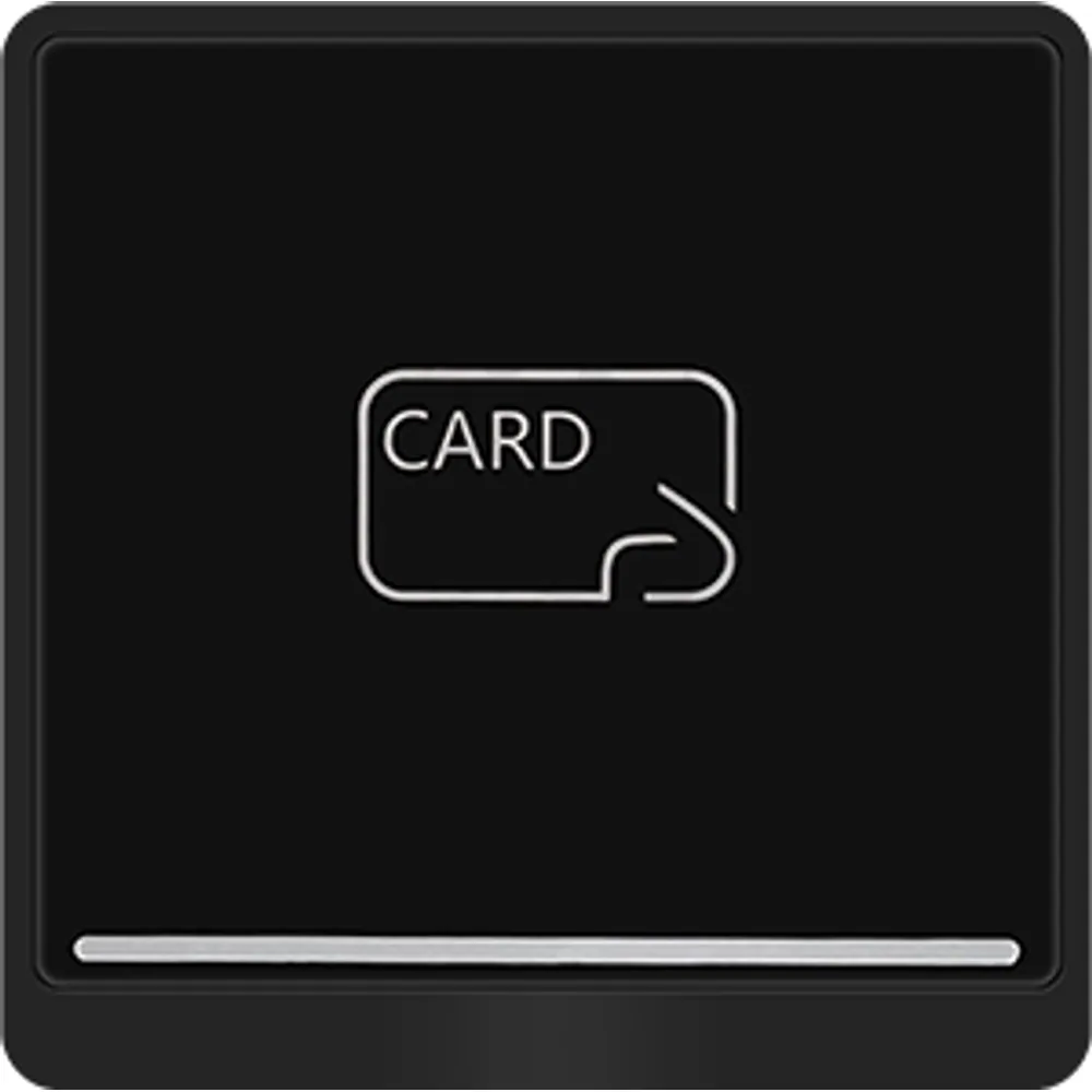 CR-280 glass-panel card reader with black metal frame and LED bar, front view