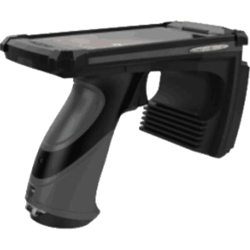 Black pistol-grip Android handheld UHF RFID reader with touchscreen and front antenna housing