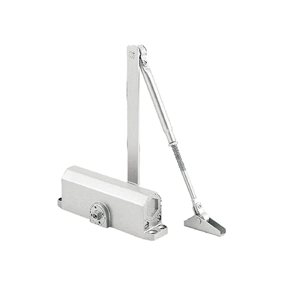 Silver hydraulic overhead door closer with adjustable arm and mounting bracket