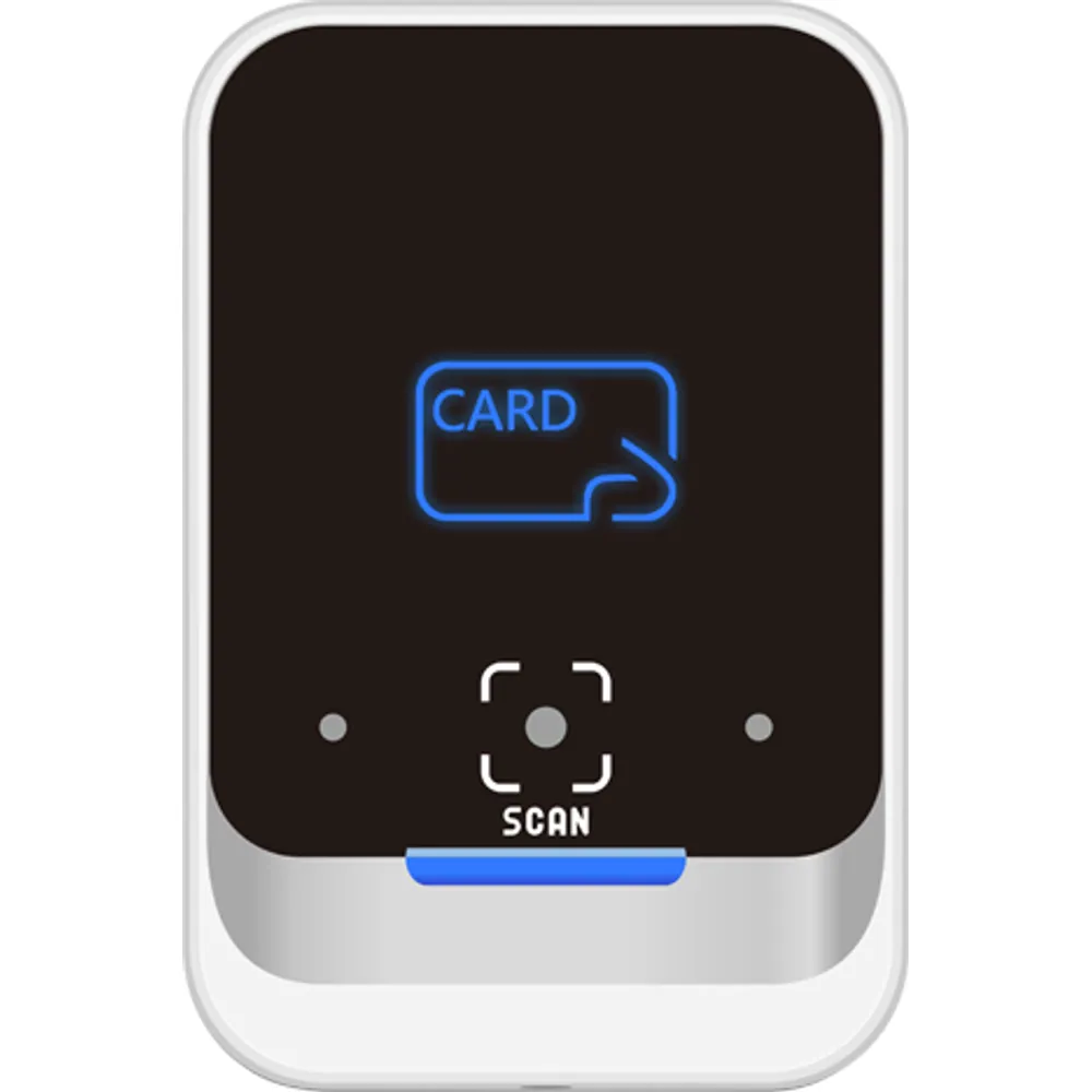QC-130 keyless IP67 QR code and 13.56 MHz card reader, front view with card target and scan window