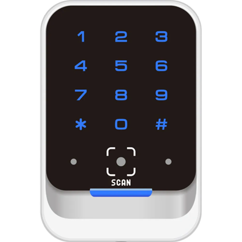 QC-110 IP67 QR code and card reader with touch keypad, front view, silver metal frame and black glass