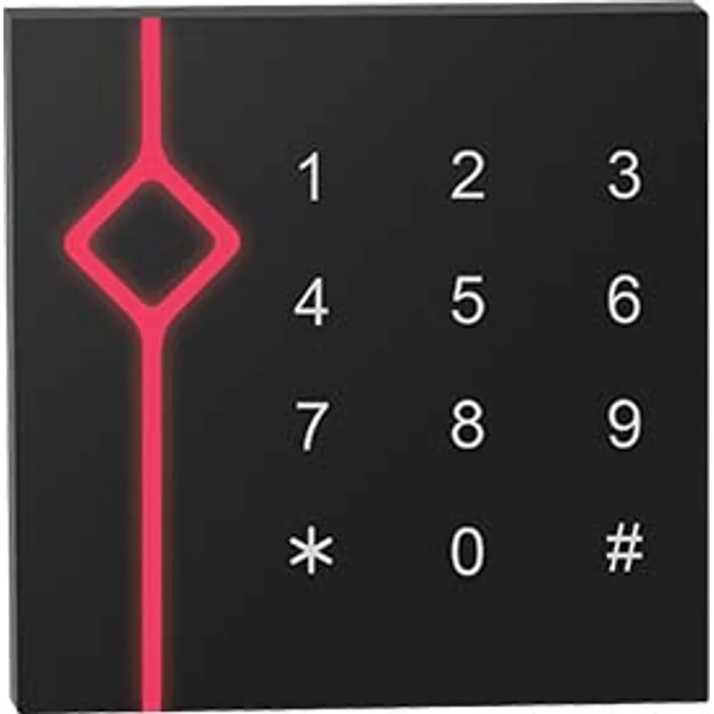 CR-260 IP67 keypad card reader with 12-key pad and red diamond light strip, front view