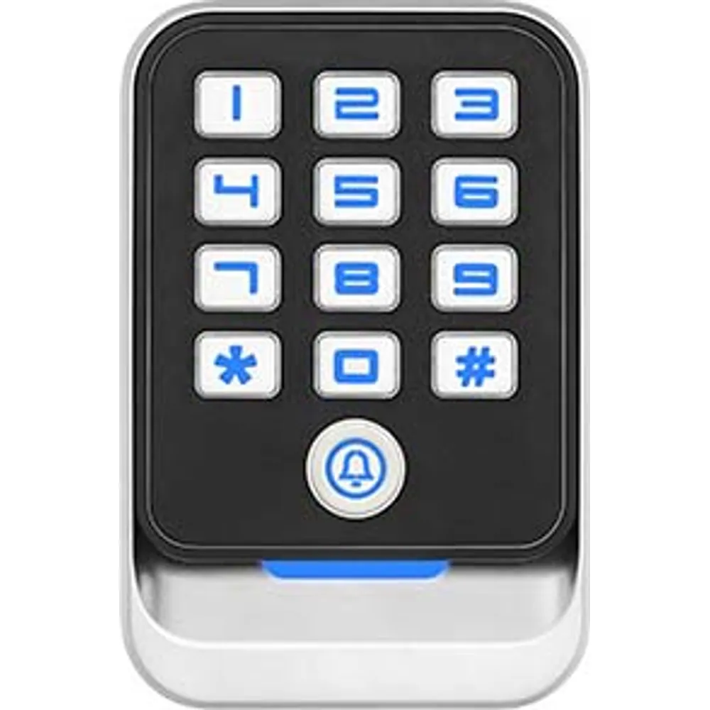 CR-130 metal keypad card reader, front view with keys and doorbell button
