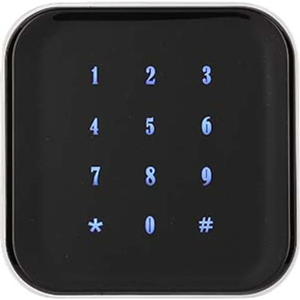 CR-220 metal touch keypad card reader, front view with lit keys