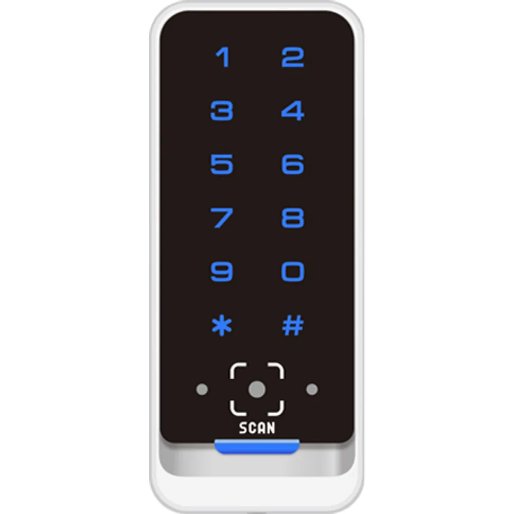 Front of mullion QR code access controller with two-column touch keypad and scan window