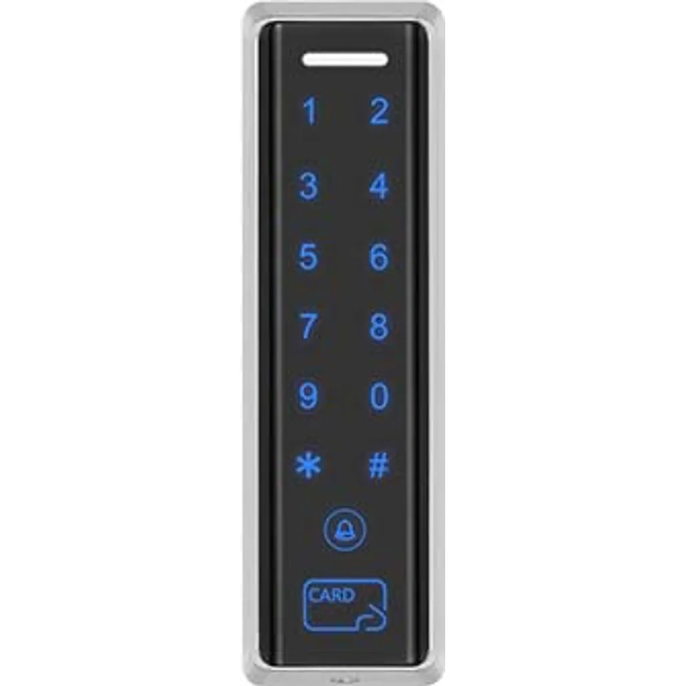 CR-160 mullion touch keypad card reader, front view with doorbell key and card area