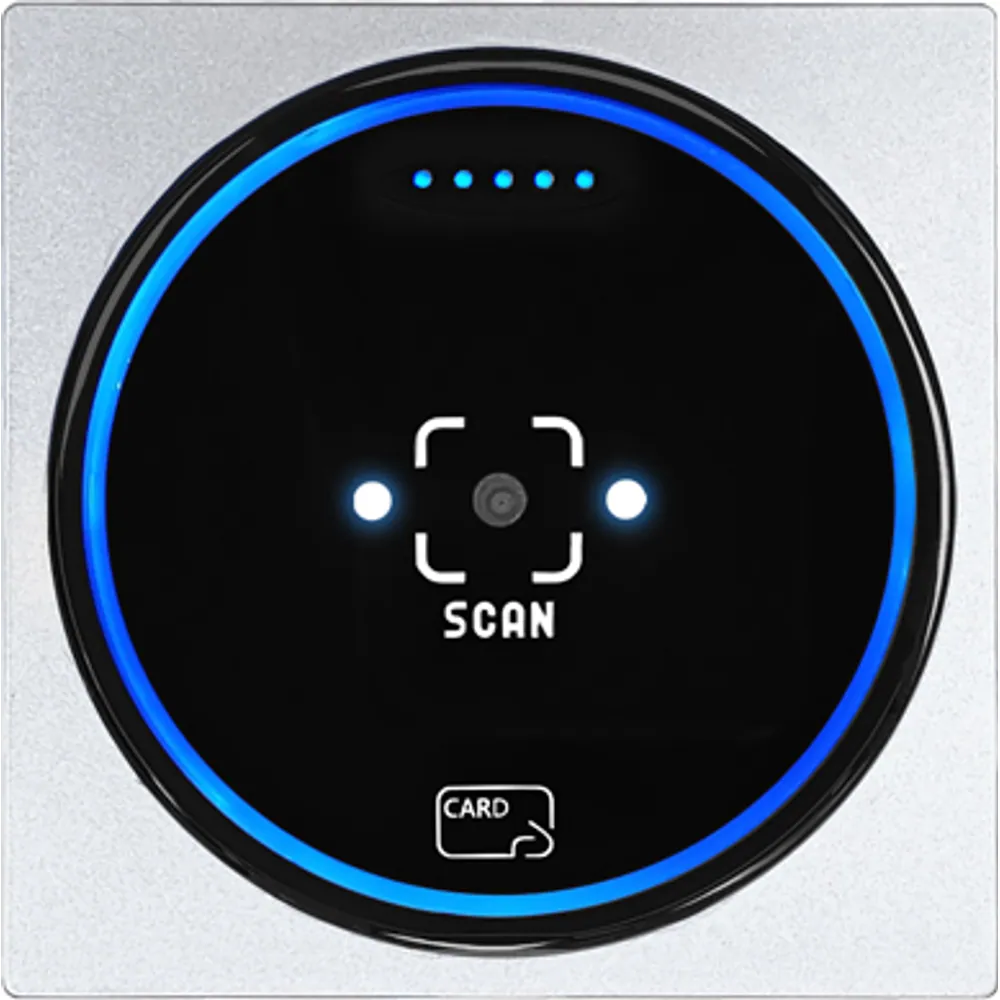 QC-170 ultra-thin metal QR code and RFID reader, front view with blue LED ring and scan window