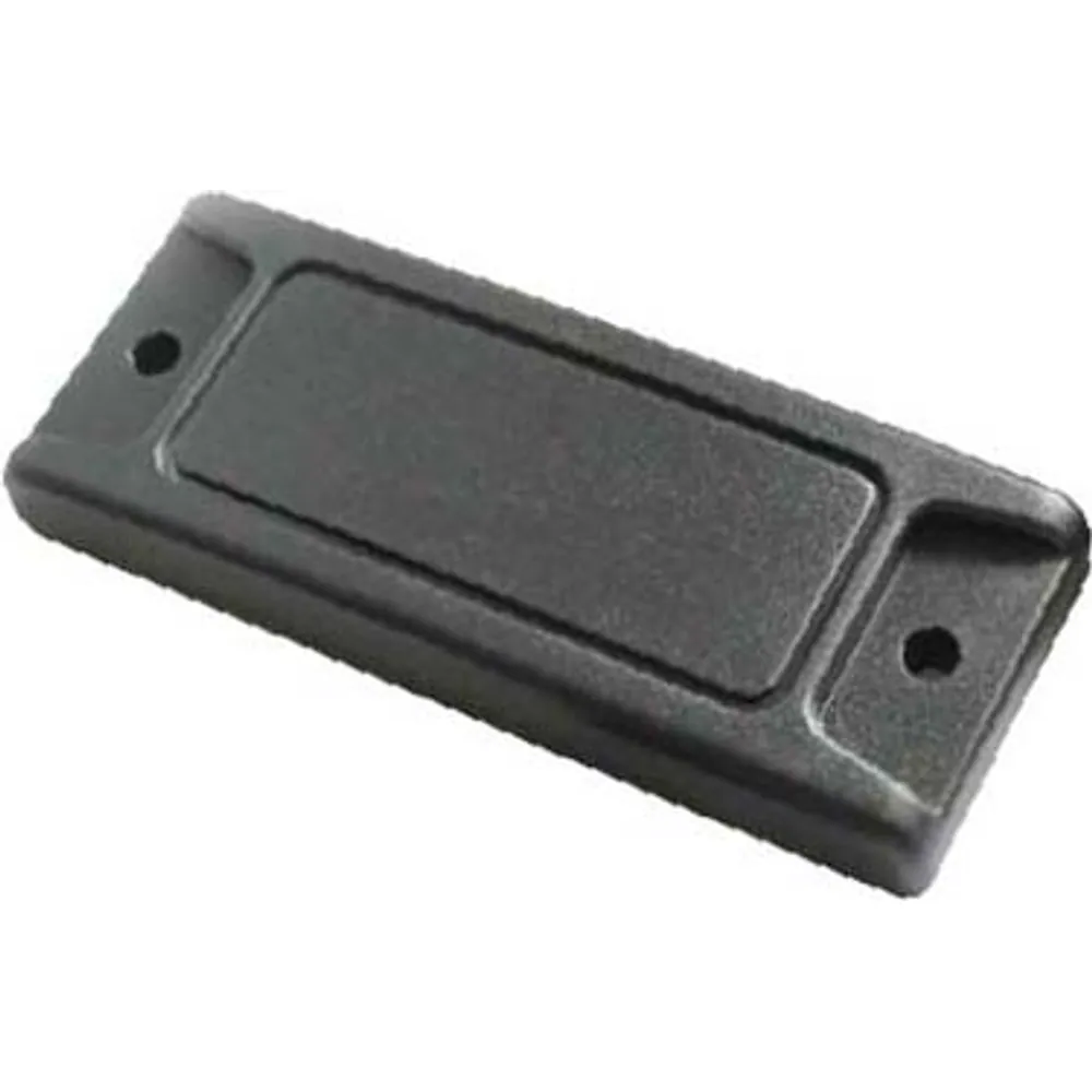 Black rectangular ABS on-metal UHF RFID tag, 79 × 31 mm, with two screw holes