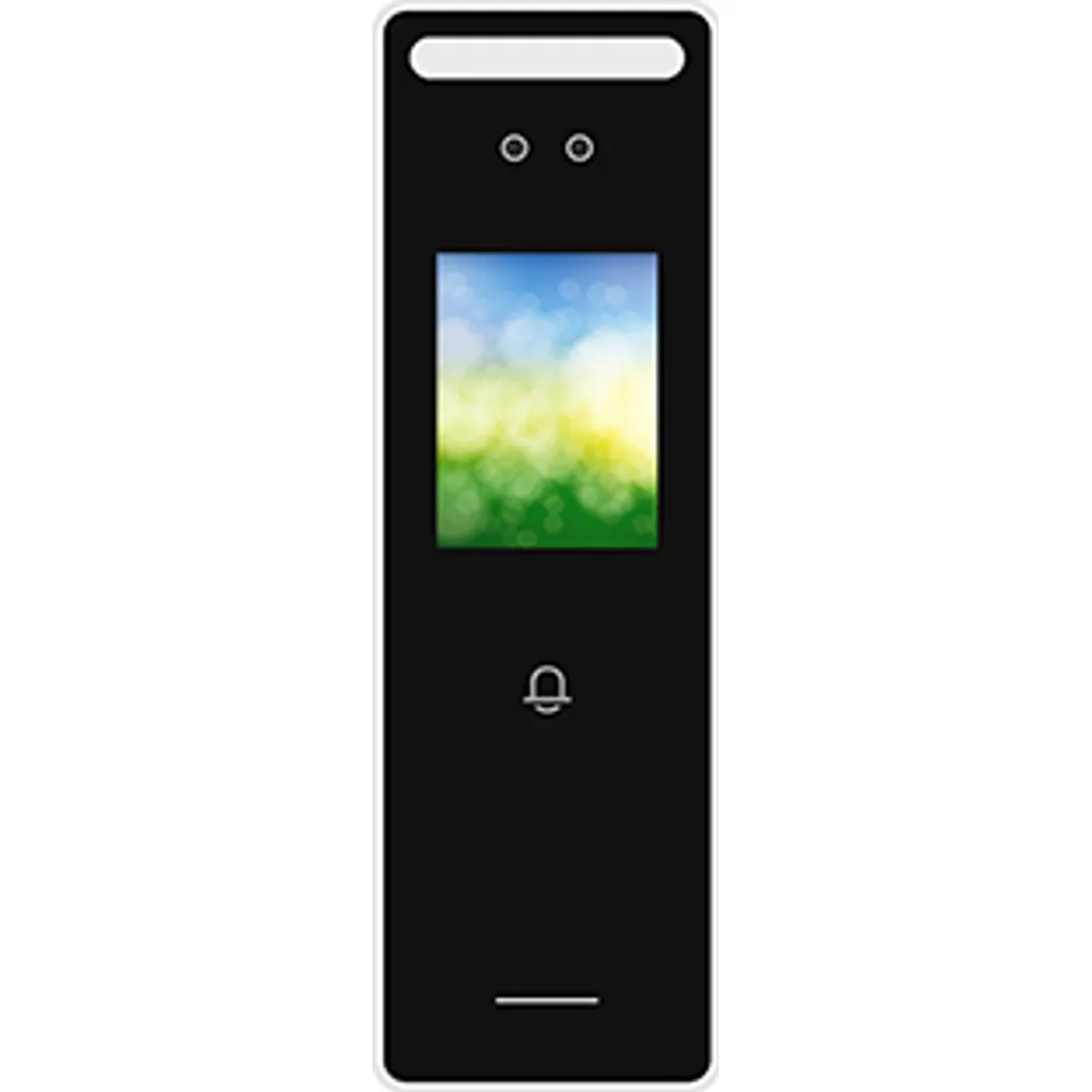 Front of slim face recognition terminal with 2.4-inch screen, dual camera and bell icon