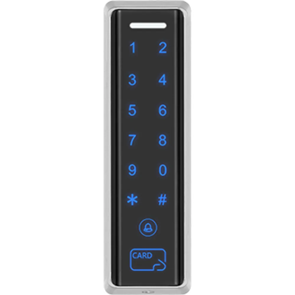 SK-160 slim IP65 touch keypad access controller, front view with lit keys and marked card area