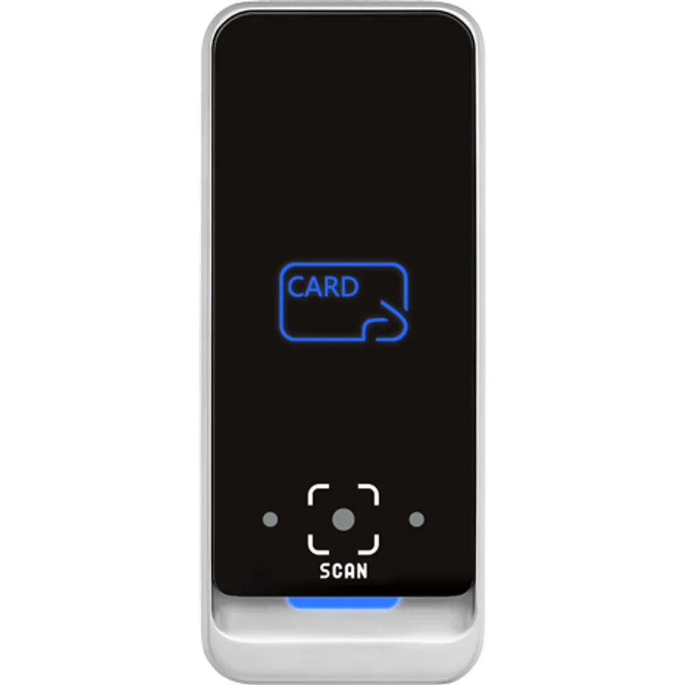 QC-140 slim mullion QR code and card reader, front view with card target and scan window