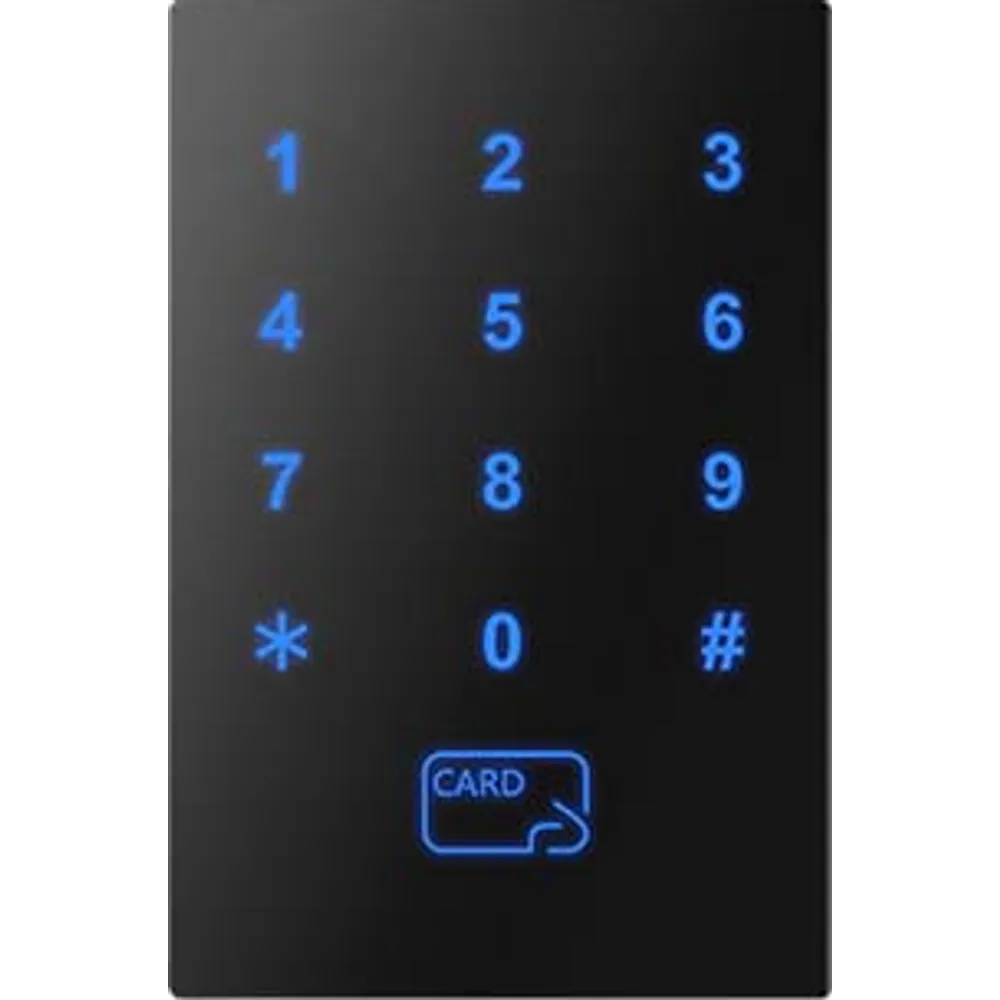 CR-140 slim touch keypad card reader, front view with lit keys and card area