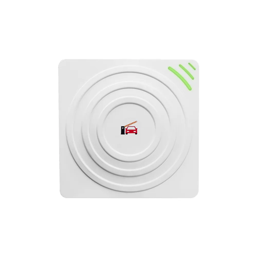Standalone UHF RFID access controller with ring-pattern white front and vehicle barrier icon