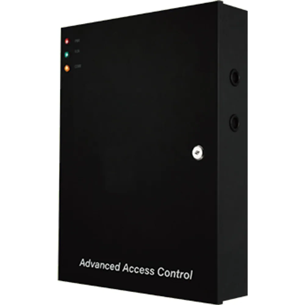 Door access controller housed in a black lockable metal cabinet with power and status LEDs