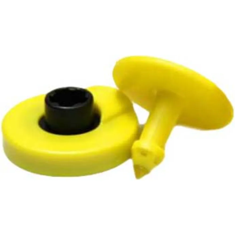 Yellow two-piece UHF RFID ear tag: 30 mm through-hole button with open black socket and pin