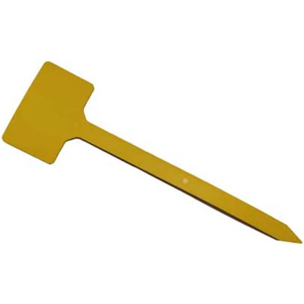Yellow T-shaped UHF RFID plant label with rectangular head and pointed stake stem
