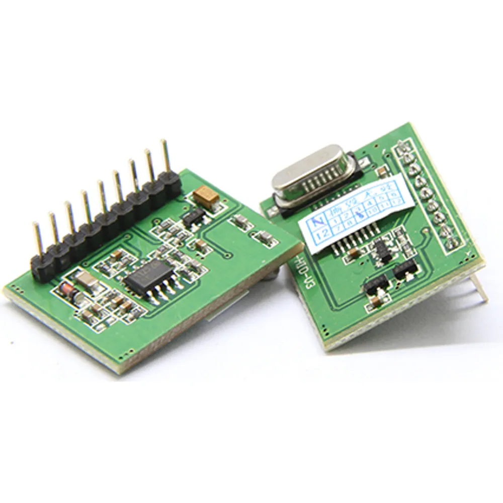 Two 13.56 MHz reader module boards with 2.54 mm pin headers, front and rear views