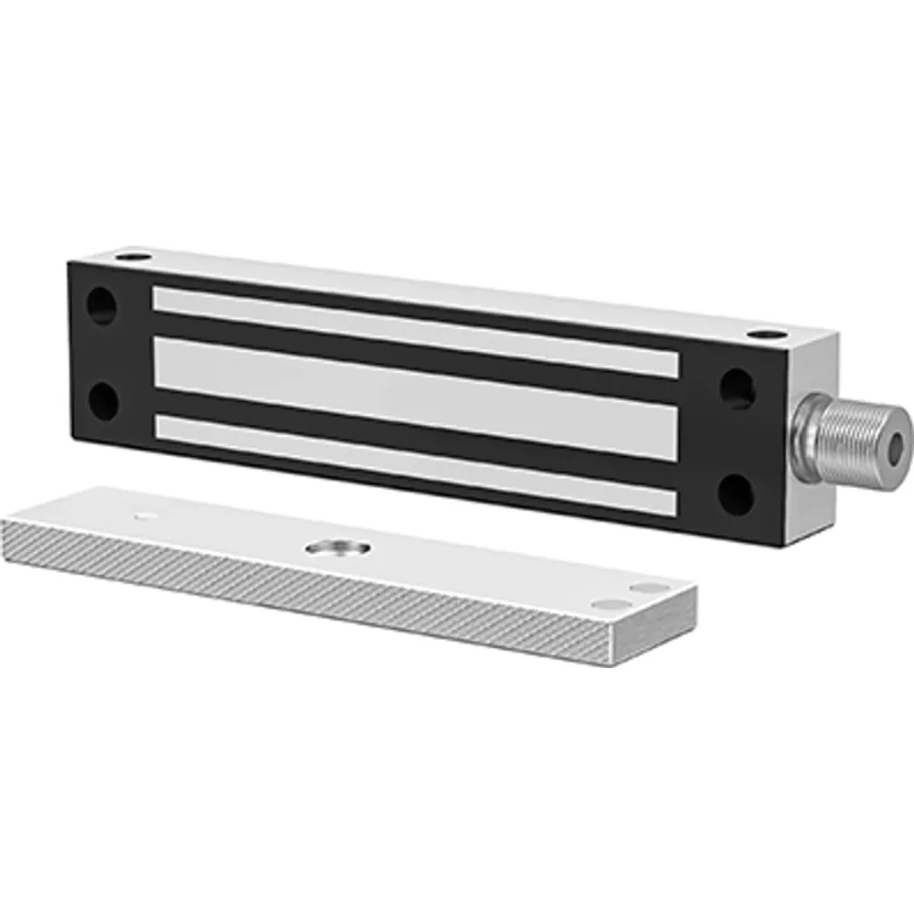 Waterproof 280 kg magnetic lock with black face, threaded cable gland and wide armature plate